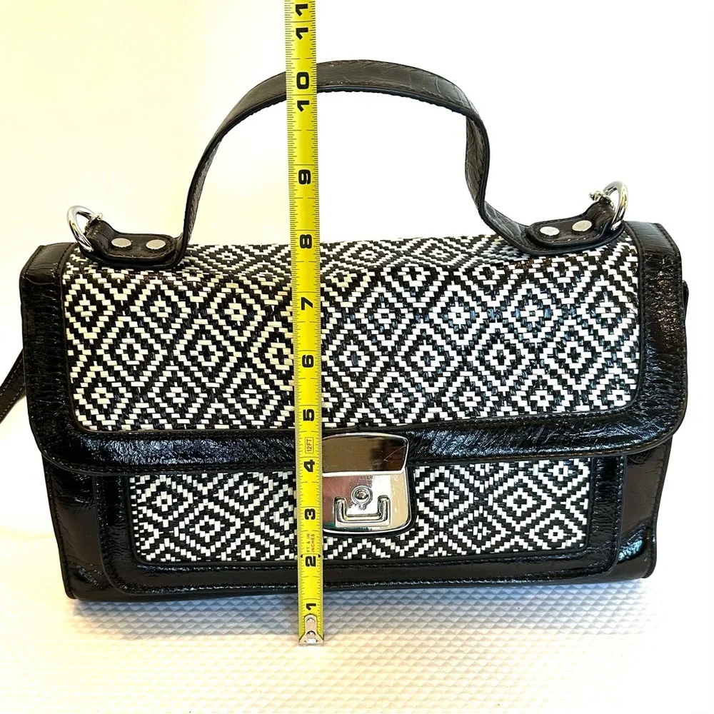 Melie Bianco Patent with Black & White Straw Geometric Satchel Handbag Purse Bag